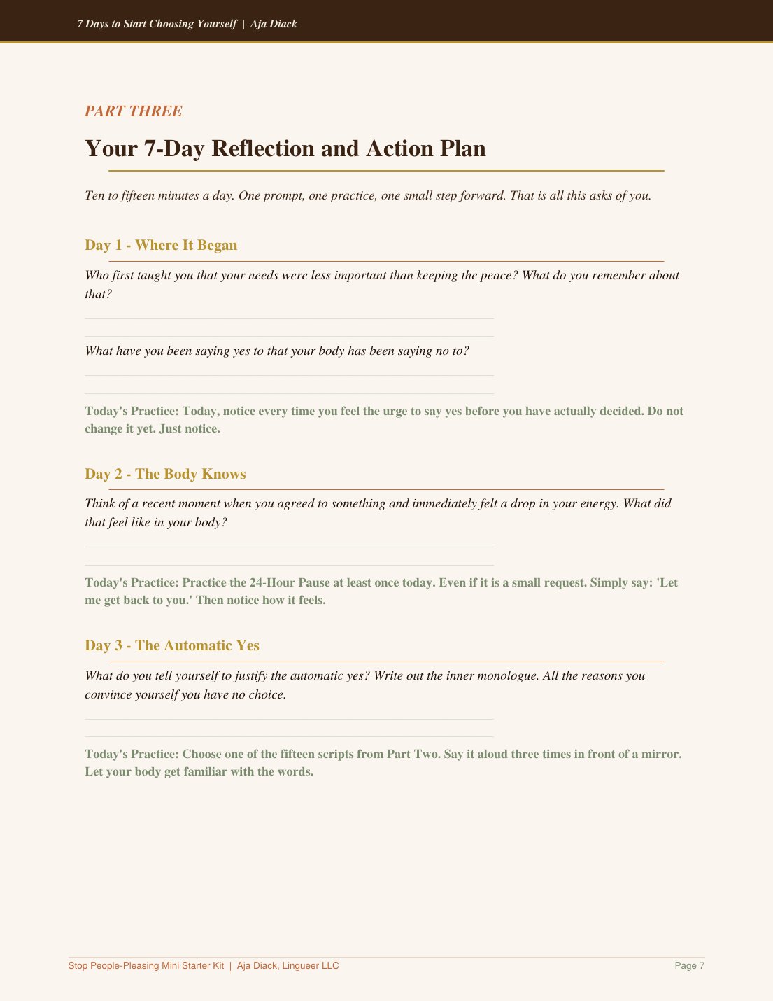 Page 7 of the kit: the 7-Day Reflection and Action Plan, Days 1 to 3
