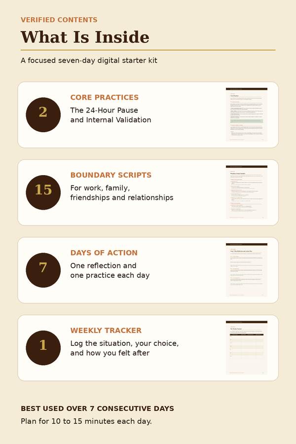 What is inside the kit: 2 core practices, 15 boundary scripts, 7 days of action, 1 weekly tracker