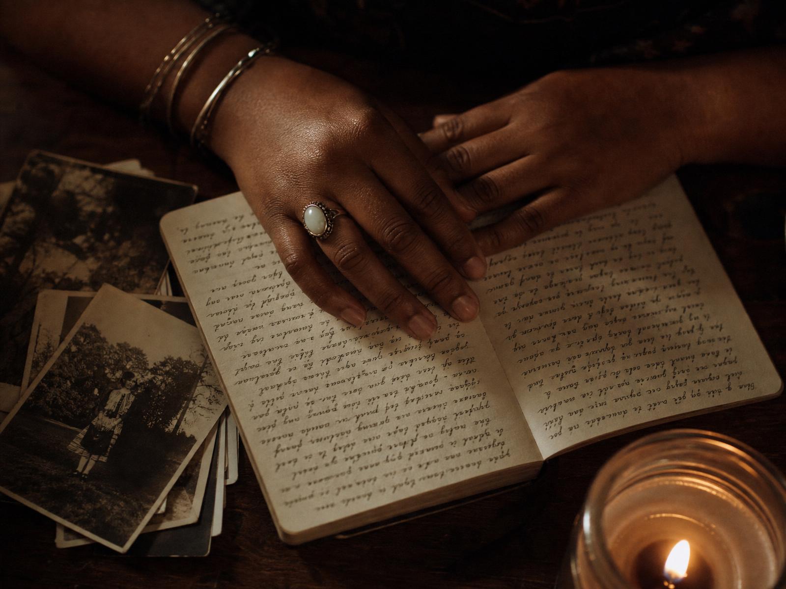 Melanated hands resting on an open journal beside worn family photographs, evoking memory and ancestral connection