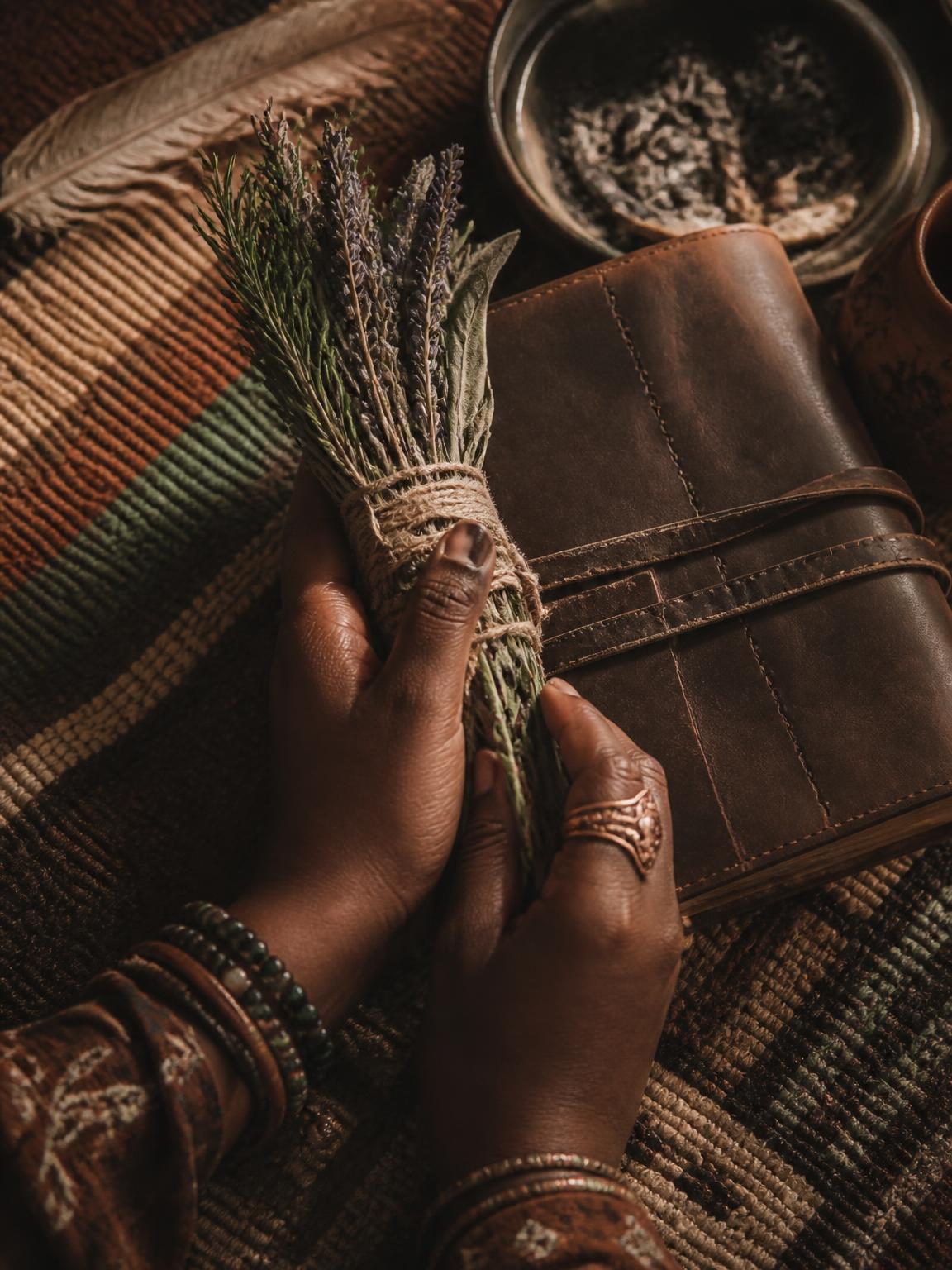 Hands cradling dried herbs and a leather journal on a woven textile — a symbol of ancestral ritual and sacred wellness