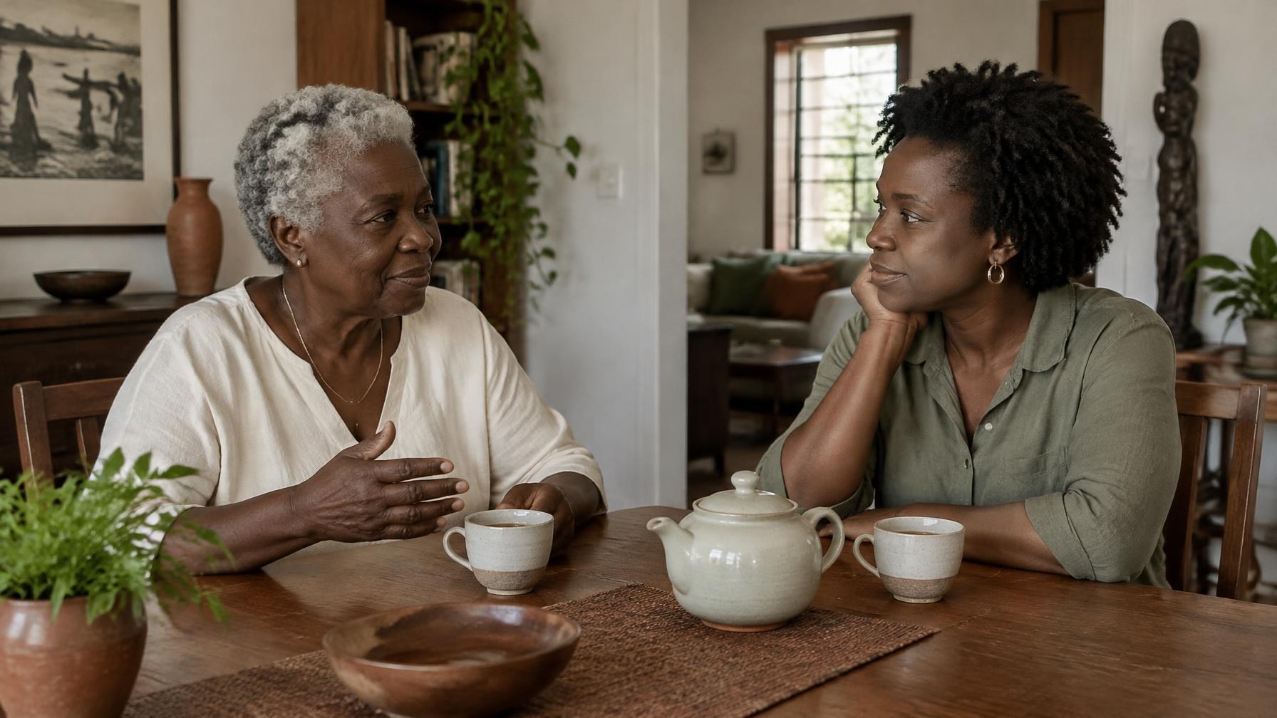 Two Black women of different generations sharing a quiet moment at a table in a contemporary home, evoking transmission, listening to the body, and family wisdom.
